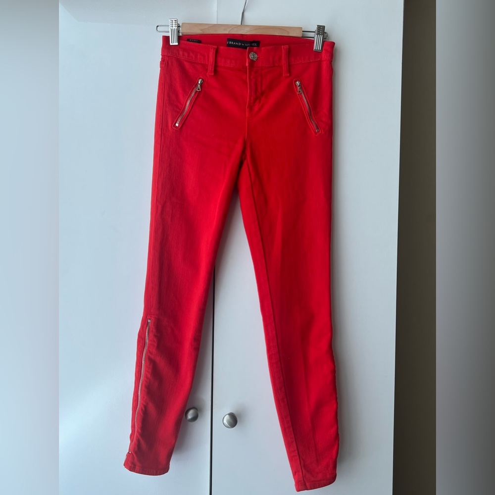 JBrand for Intermix | Fiery Red Skinny Jeans w/ Zipper Details